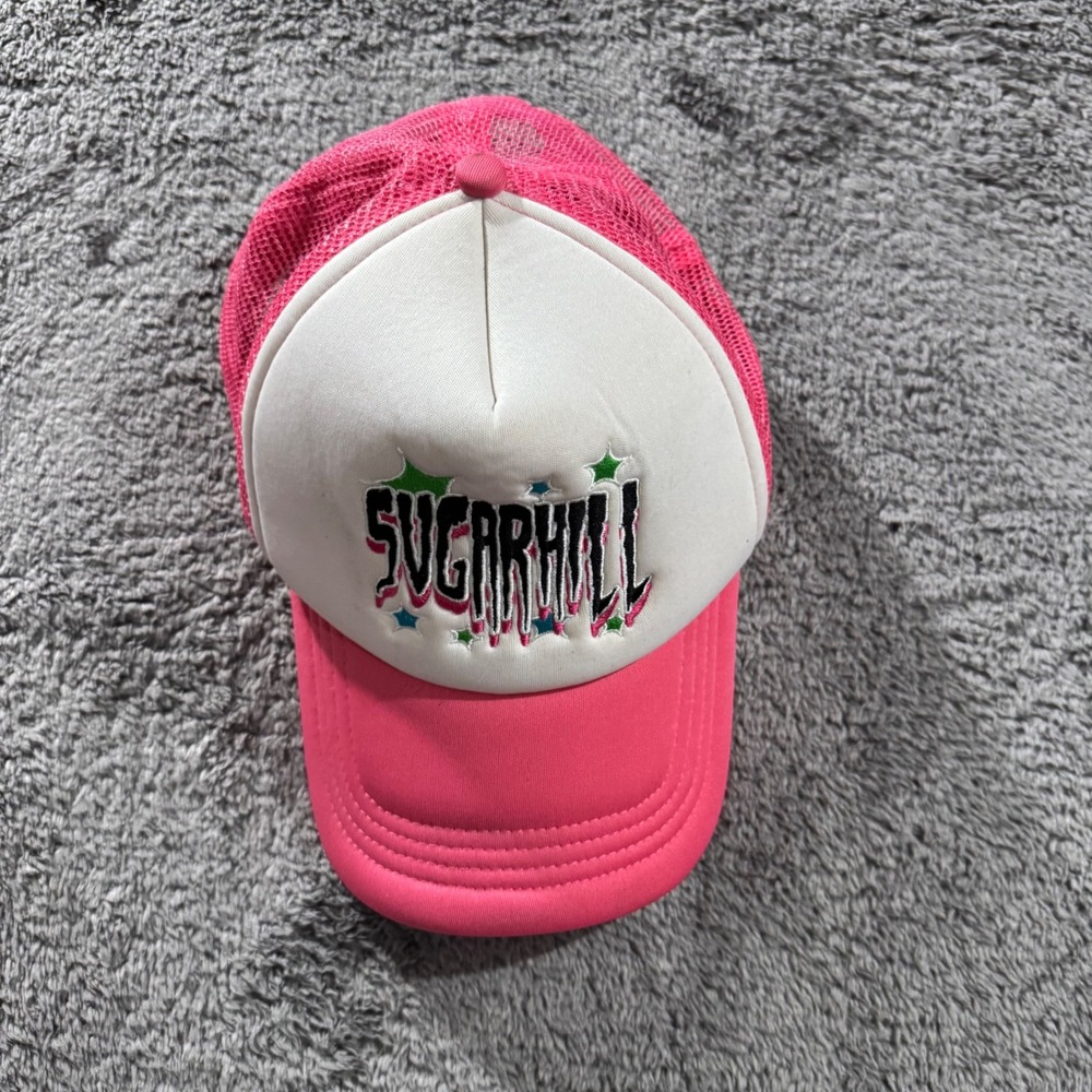 Sugarhill Pink White Embroidered Logo Mesh Trucker Hat Snapback Cap